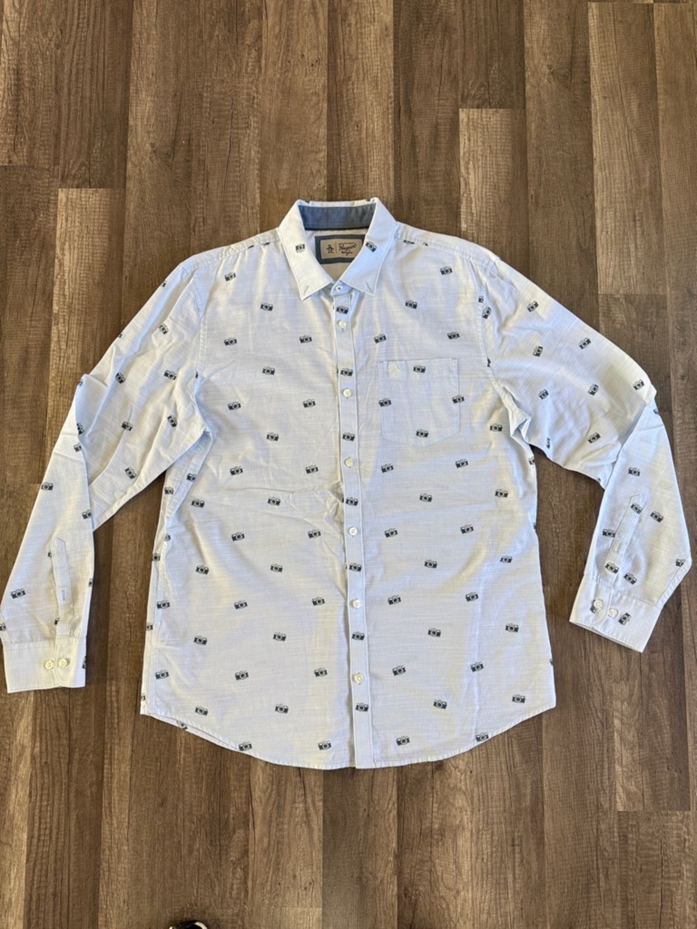 Penguin Original Shirt Blue Camera Print Long Sleeve Button Up Shirt Size Large